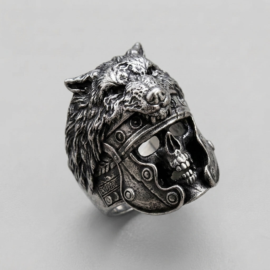 Gladiatorring mit Wolfshelm-Totenkopf