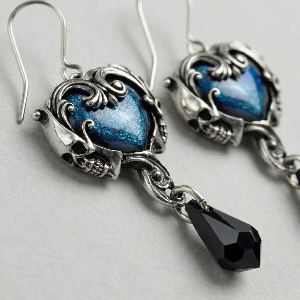 Spuk-Blaues-Herz-Totenkopf-Ohrhänger