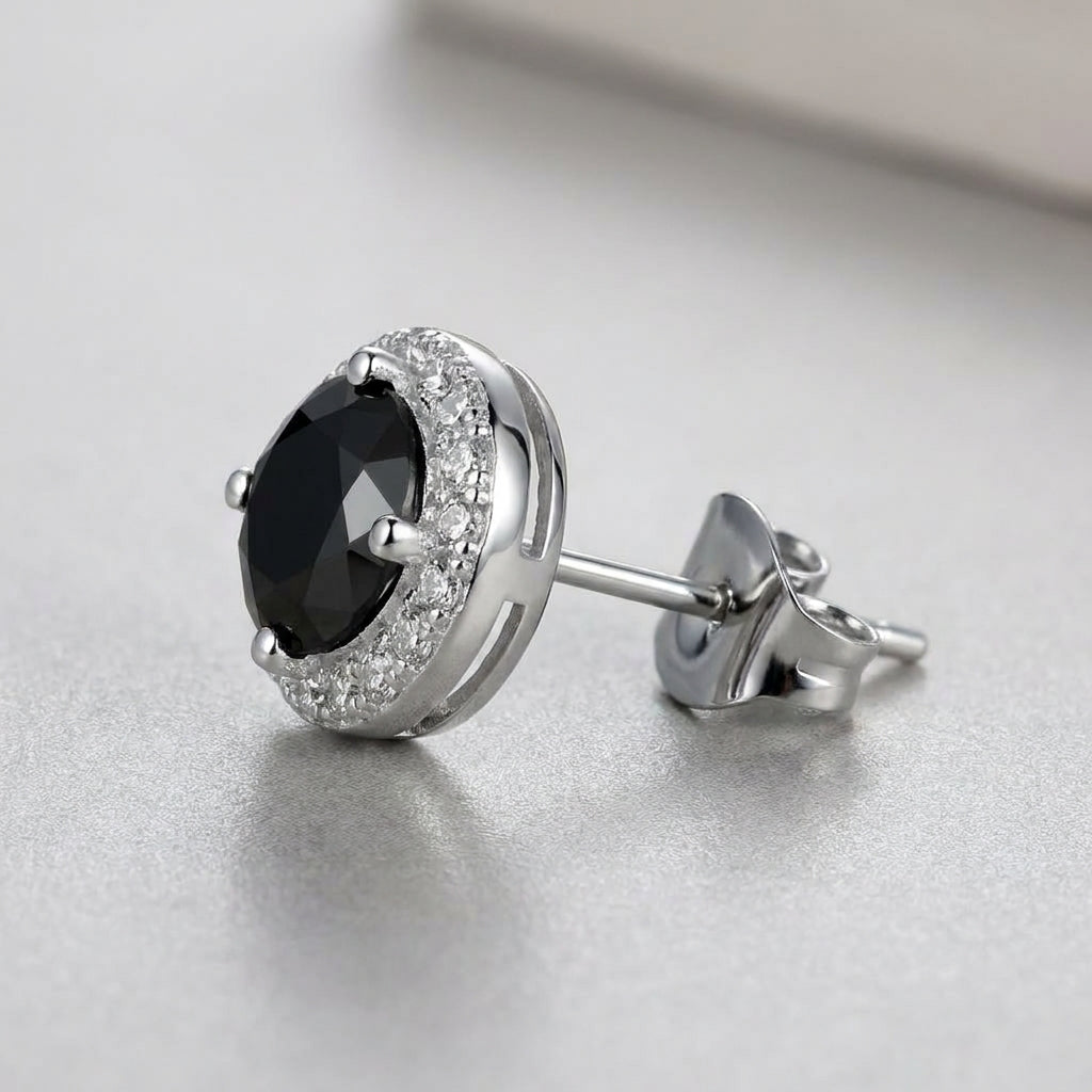 Schwarze-Diamant-Halo-Ohrstecker aus Sterlingsilber