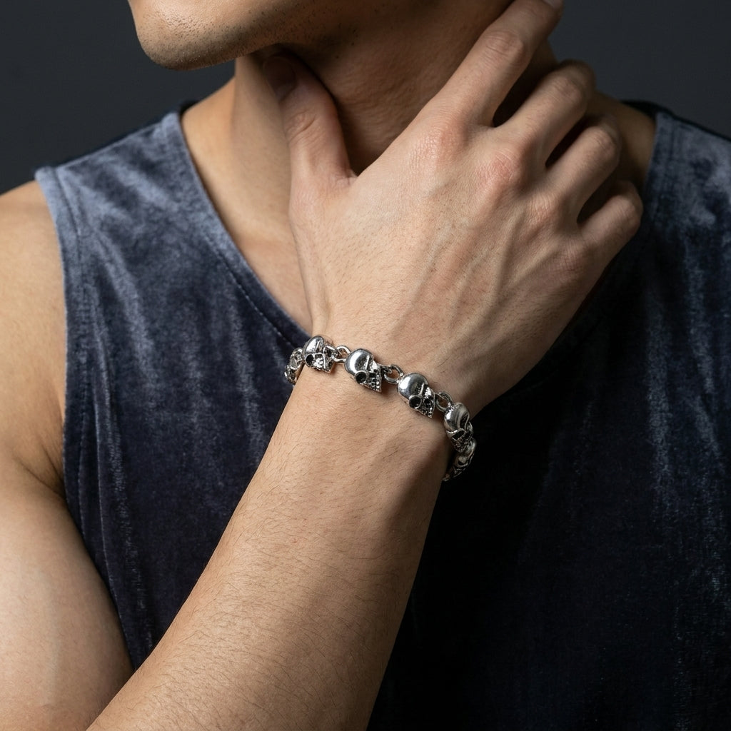 Silberner-Totenkopf-Gliederketten-Armband