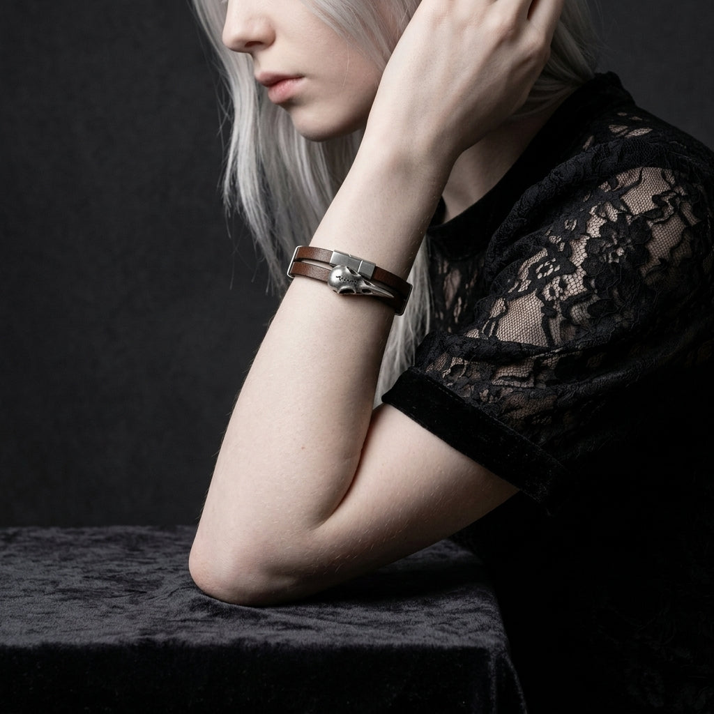 Knochen-Totem Vogelschädel-Lederarmband