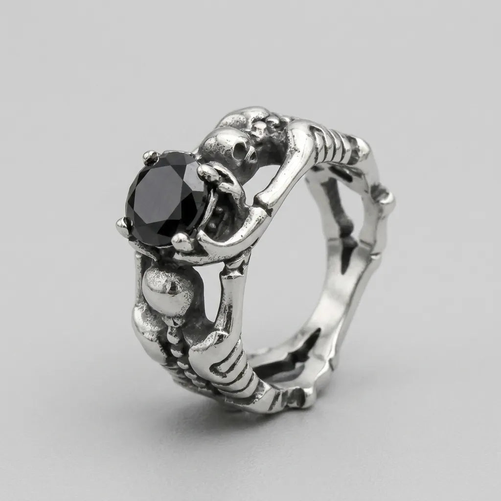 Zwillings-Skelett-Umarmung schwarzer Edelstein Ring