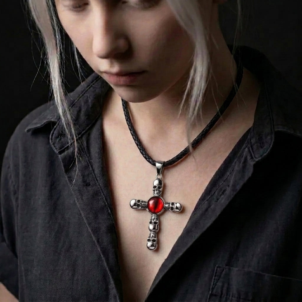 Totenkopf-Kreuz-Kette mit rotem Drachenaugen-Anhänger