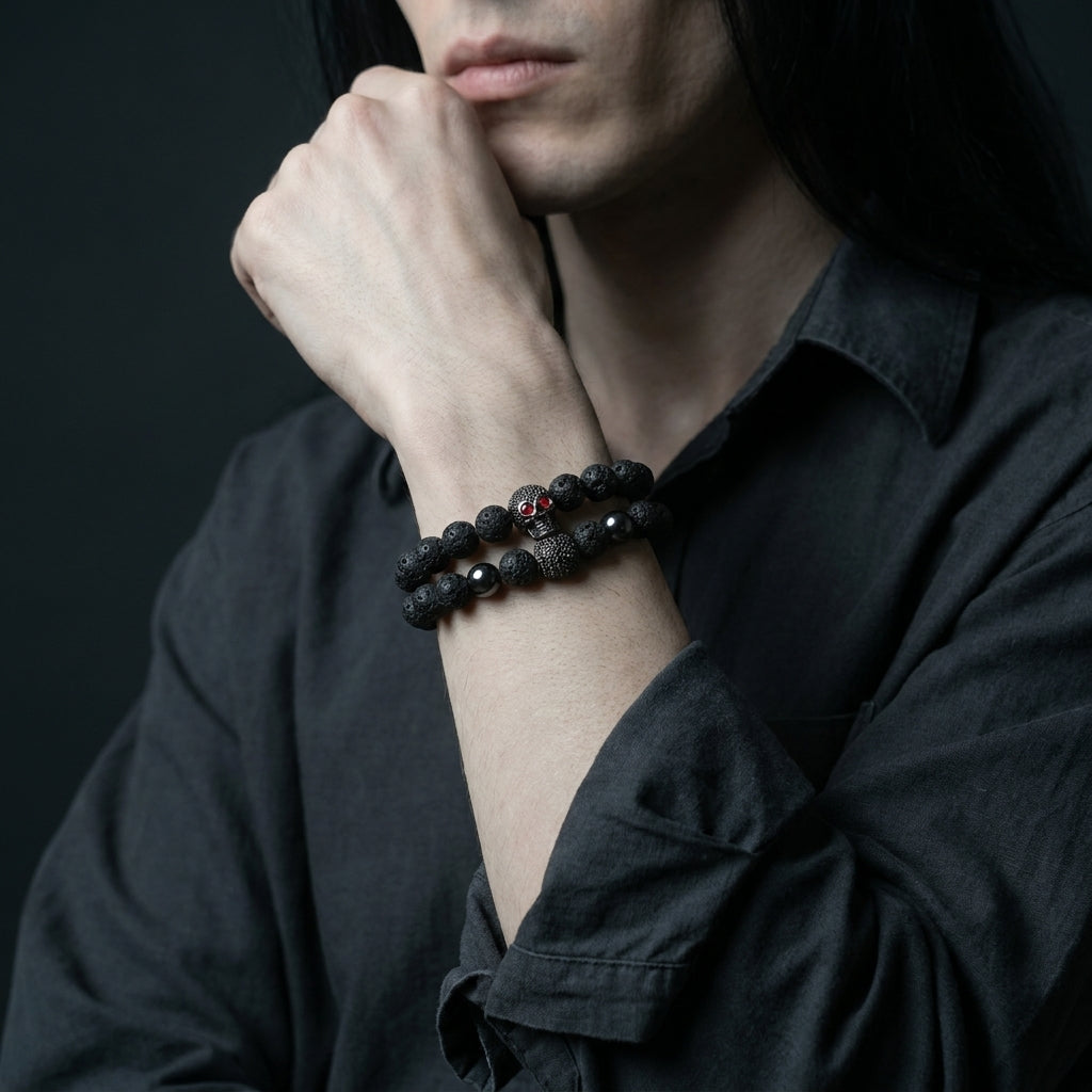 Totenkopf-Perlenarmband-Set, rotäugiges Totenkopf-Armband-Set