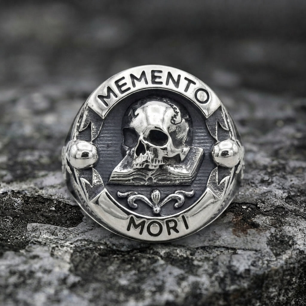 Memento-Mori-Totenkopf offenes Buch Siegelring