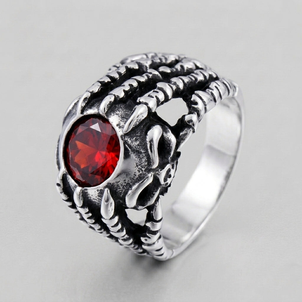 Drachenklauen-Ring mit rotem Edelstein