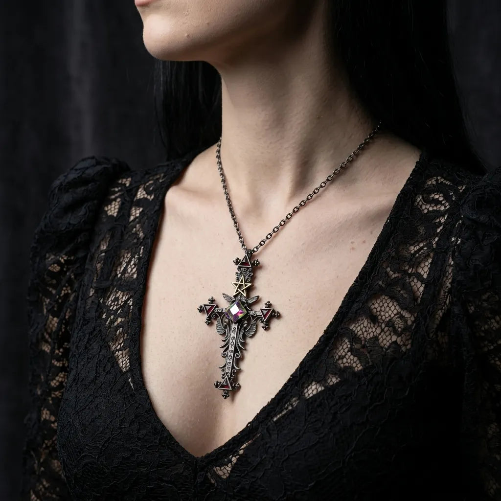 Dunkles-Ritual-Pentagramm-Kristall-Kreuz-Halskette