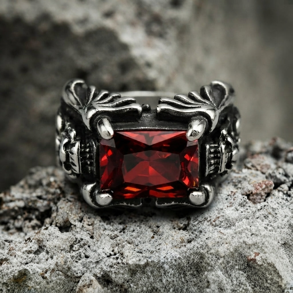 Roter-Kissenkristall-Totenkopfkralle-Statement-Ring